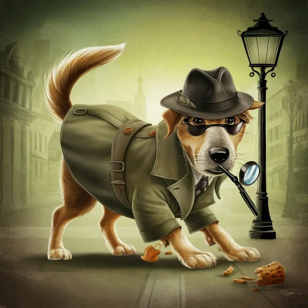 A dog wearing detective clothing sniffing out a treat.