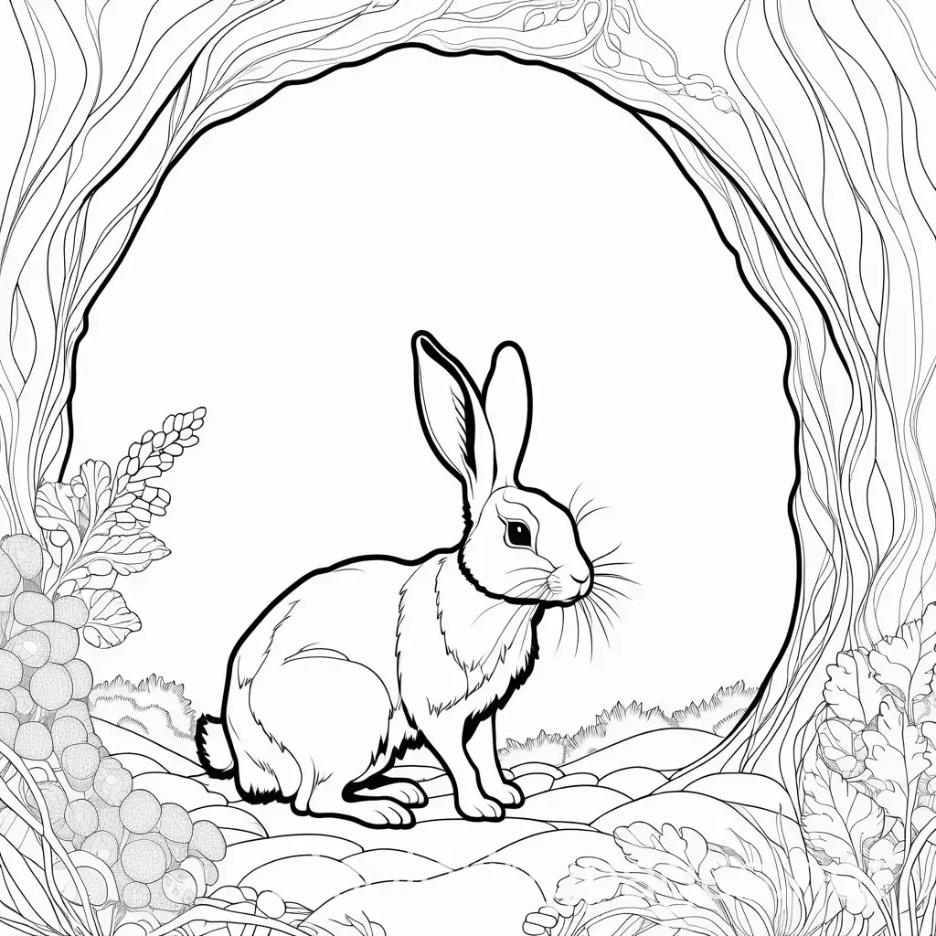 beautiful rabbit with carrot coming out of a hole., Coloring Page, black and white, line art, white background, Simplicity, Ample White Space. The background of the coloring page is plain white to make it easy for young children to color within the lines. The outlines of all the subjects are easy to distinguish, making it simple for kids to color without too much difficulty