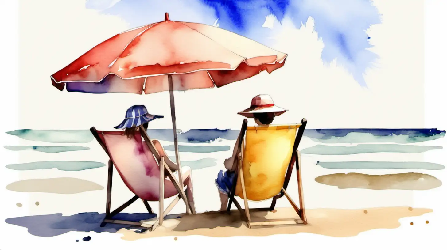 Two People Relaxing on Beach Chairs under a Parasol Serene Beach Scene Watercolor Painting
