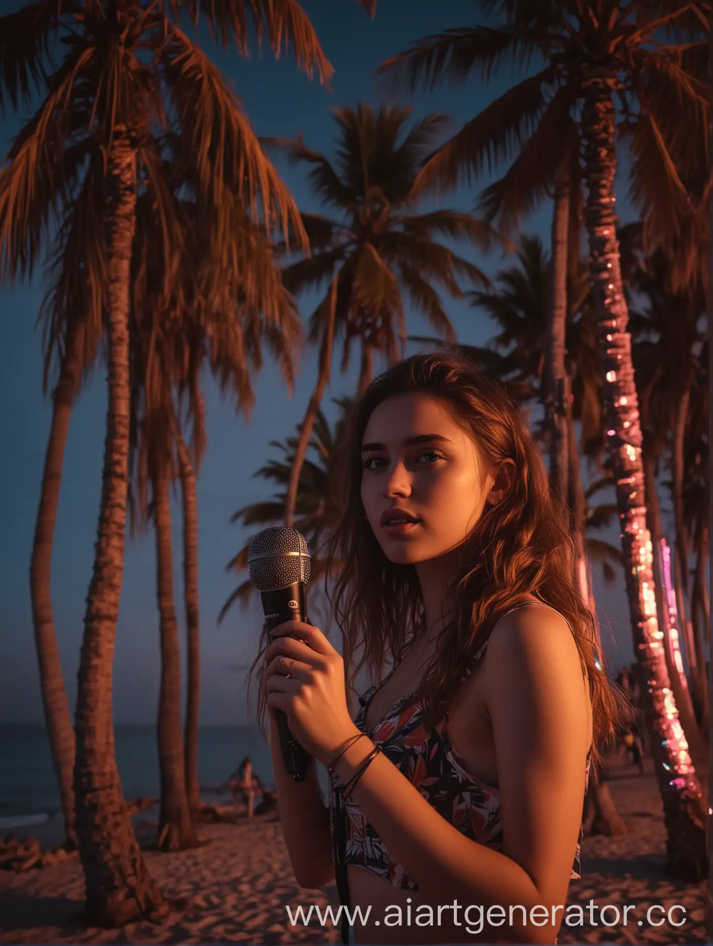 Девушка с правой части кадра с микрофоном вечером на пляже на фоне пальм и моря в лучах неона, в левой части кадра пальмы