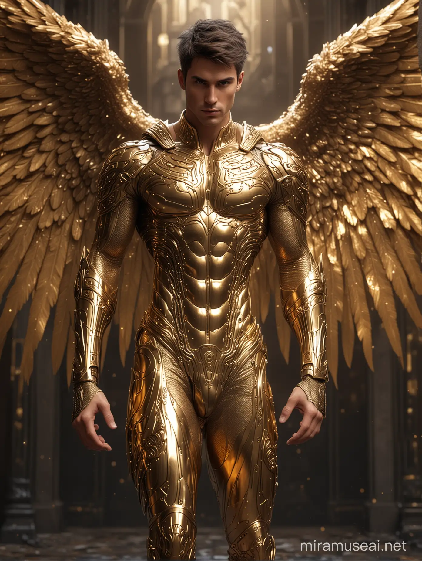  Full body photorealistic handsome hunky masculine fractal archangel .unreal engine, extremely attractive male wearing gold bodysuit, big wide massive sparkling wings extremely masculine physique, intricately detailed metal body armour, bulge, realistic skin, short tousled hair, fantasy background