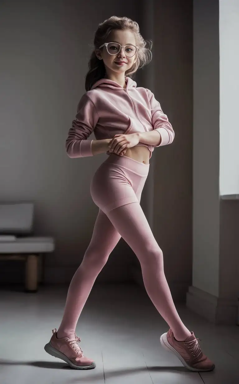 A most beautiful teenage girl.  17 years old. She wears pink tights, sport shoes,
She is beautiful. She standing in room.
petite, plump lips.  Elegant, pretty, glasses.
