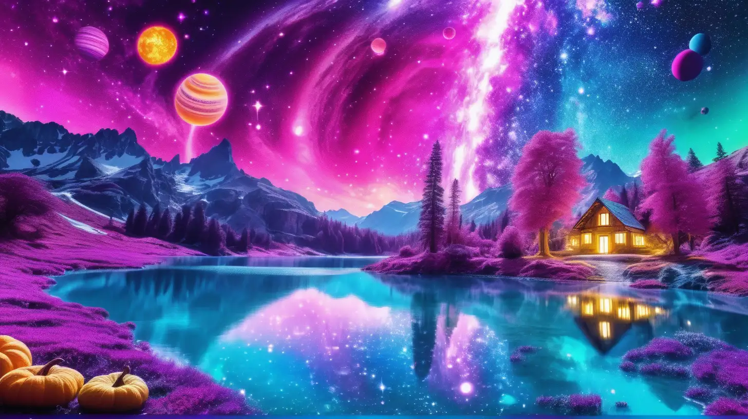 florescent fairytale pumpkins with cute-cottage house of Orange and Purple and golden-magenta in golden dust and a magical turquoise glowing lake and waterfall of luminescent  magenta flowers, giant magenta-fire planet in the sky among galaxies.