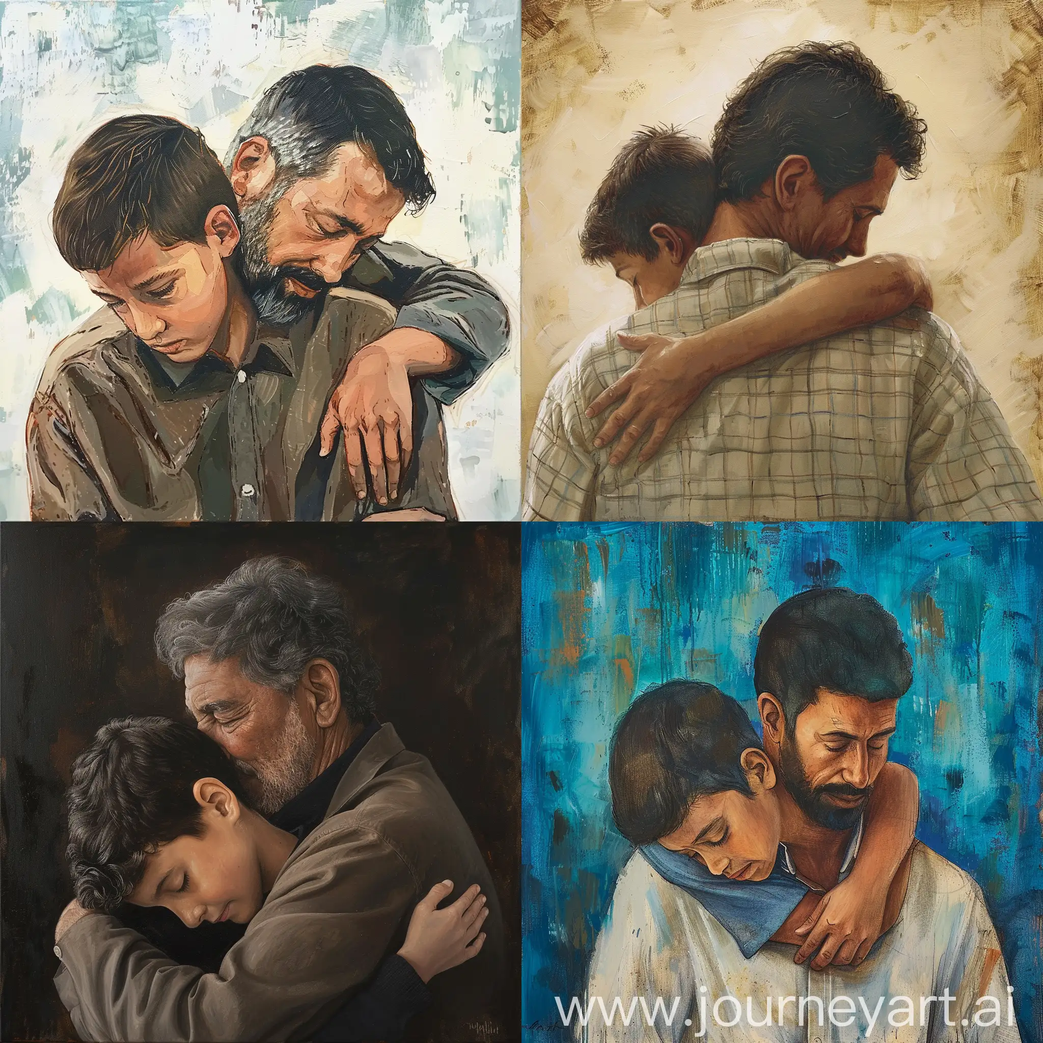 Artwork of father and son embracing with son’s head on father’s shoulder