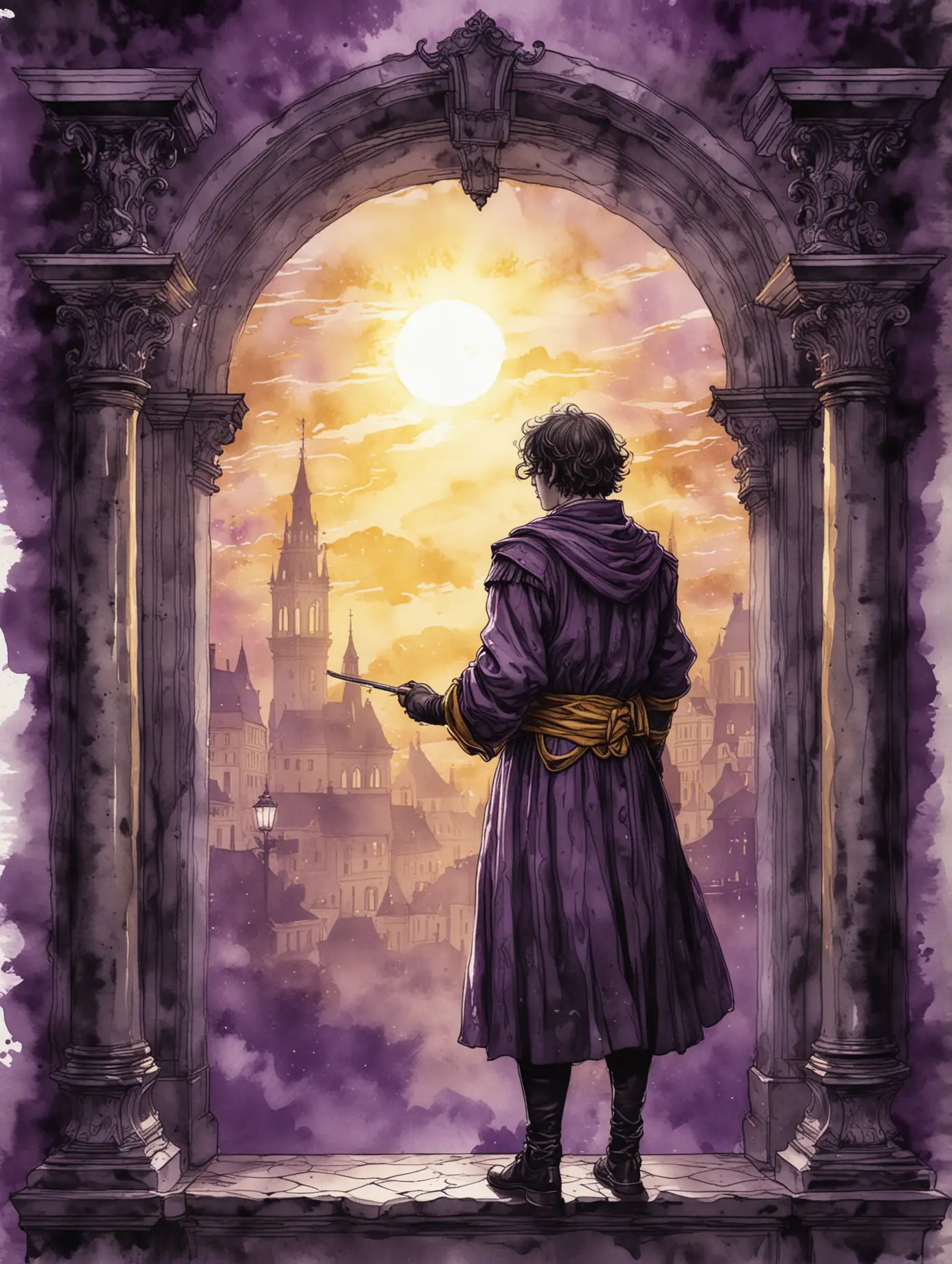 Digital illustration, boarder, dark academia, 300dpi,  black and purple watercolour and ink wash,  a bright golden light in the background.