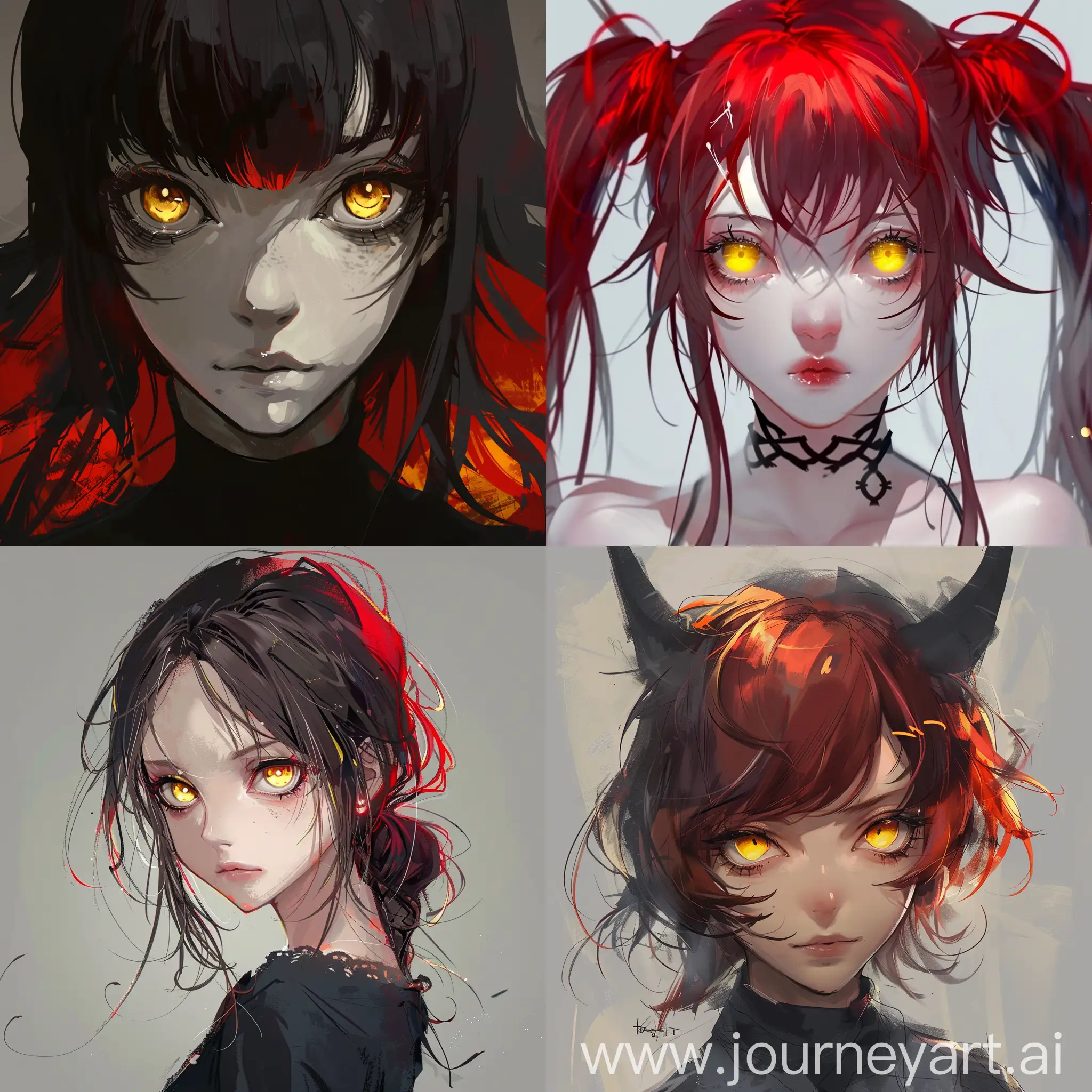 Concept art for anime character, girl, red hear, yellow eyes
