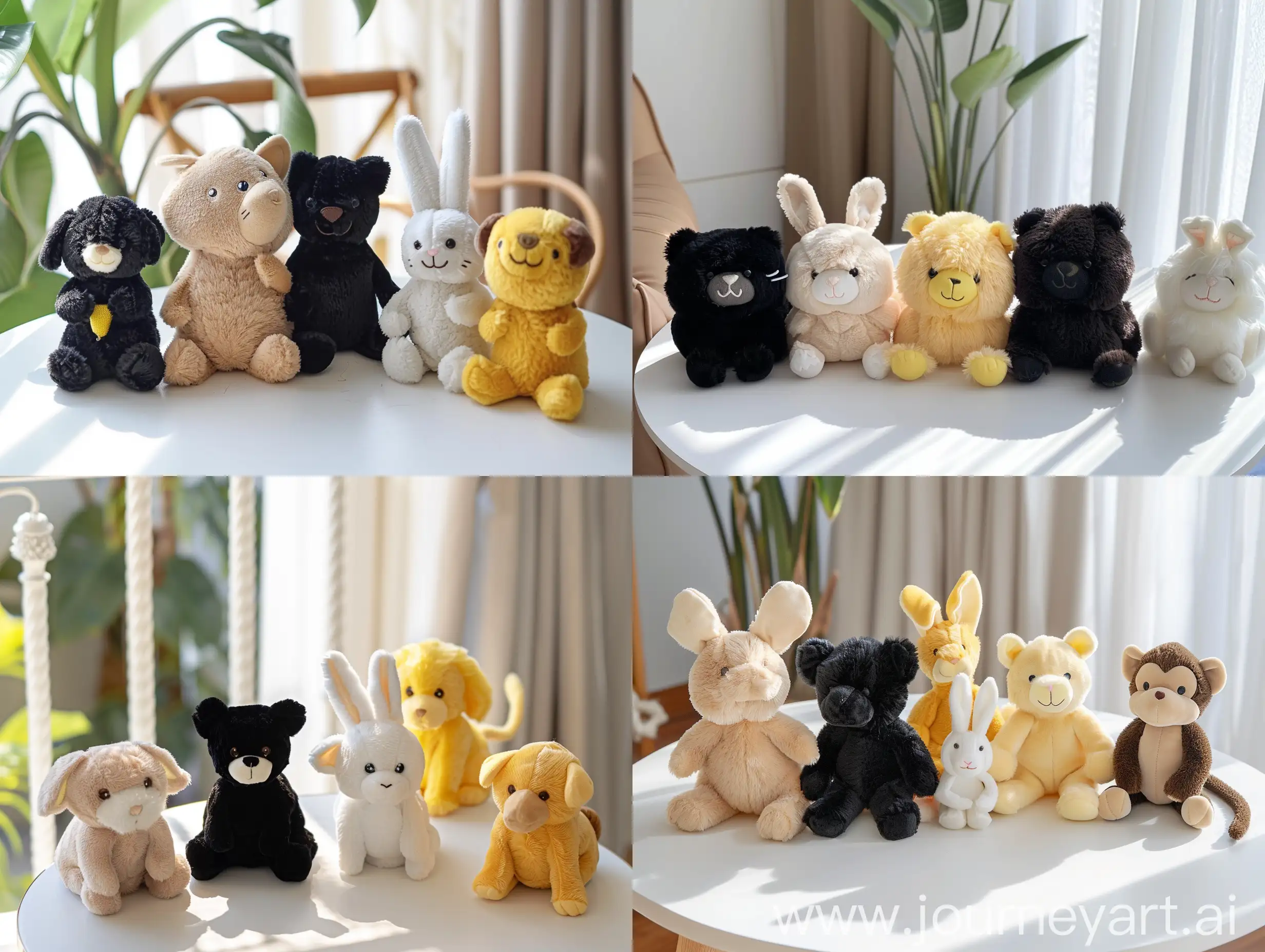 5 плюшевых игрушек в виде животных на белом столе.   1. бежевый хомяк 2. черная кошка 3. жёлтая собака 4. белый кролик 5. коричневая обезьяна  чиби, плюшевые.