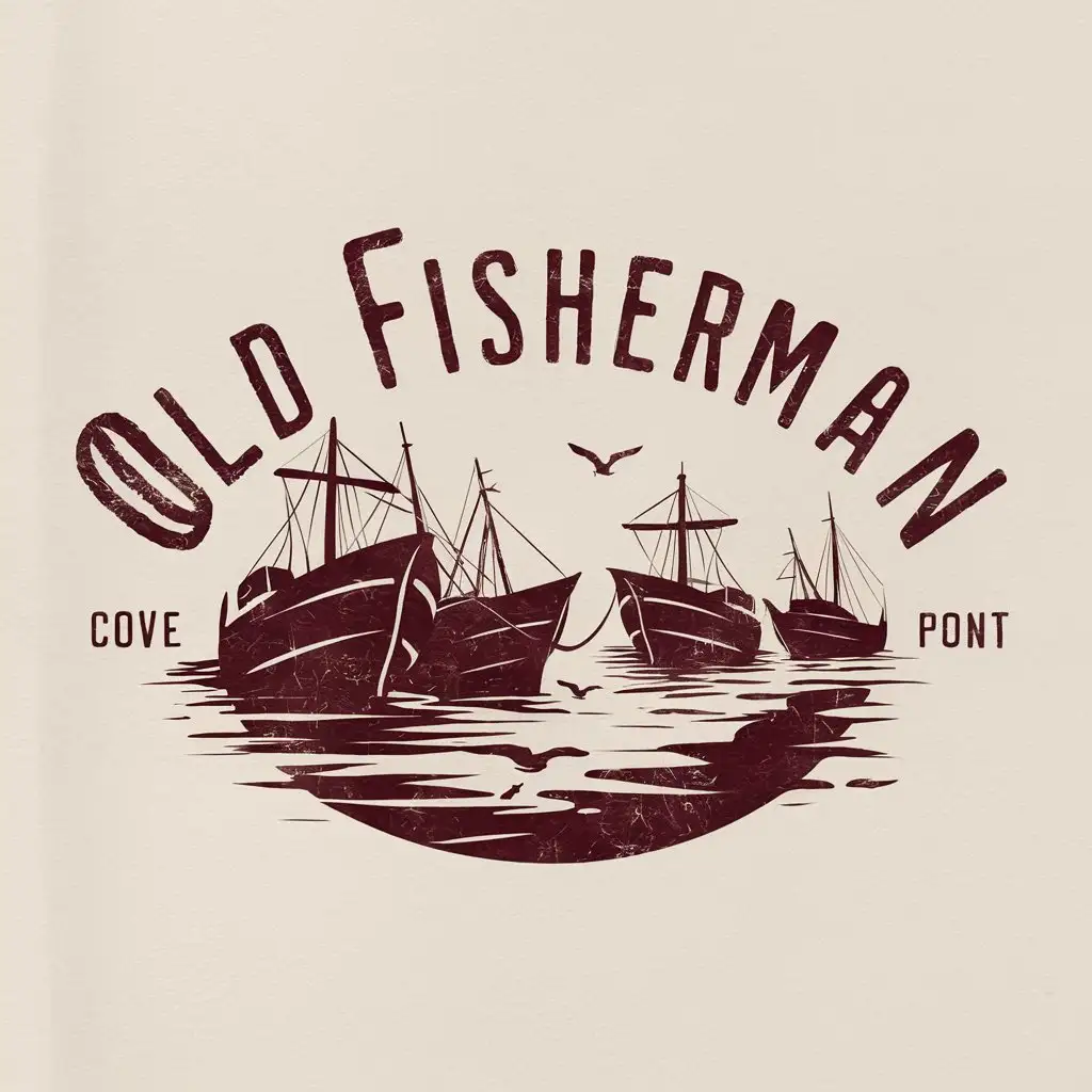 a logo design,with the text "Old fisherman", main symbol:Cove with ships in dark bordeaux tones,Moderate,clear background