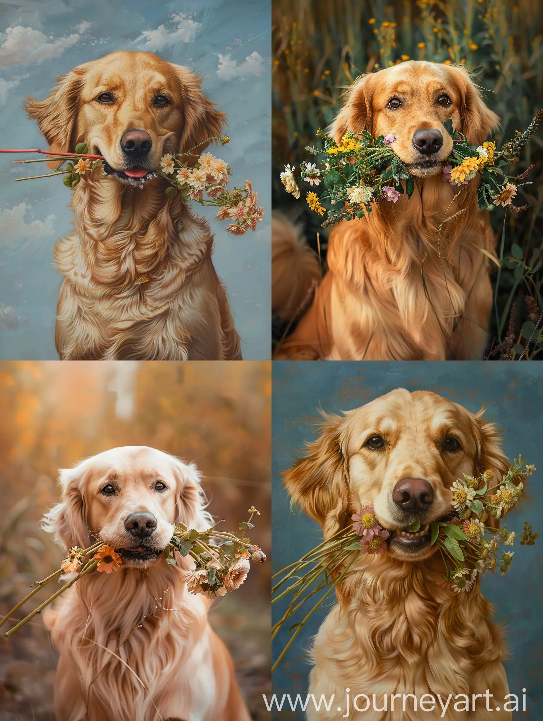 Golden dog with flowers in her mouth