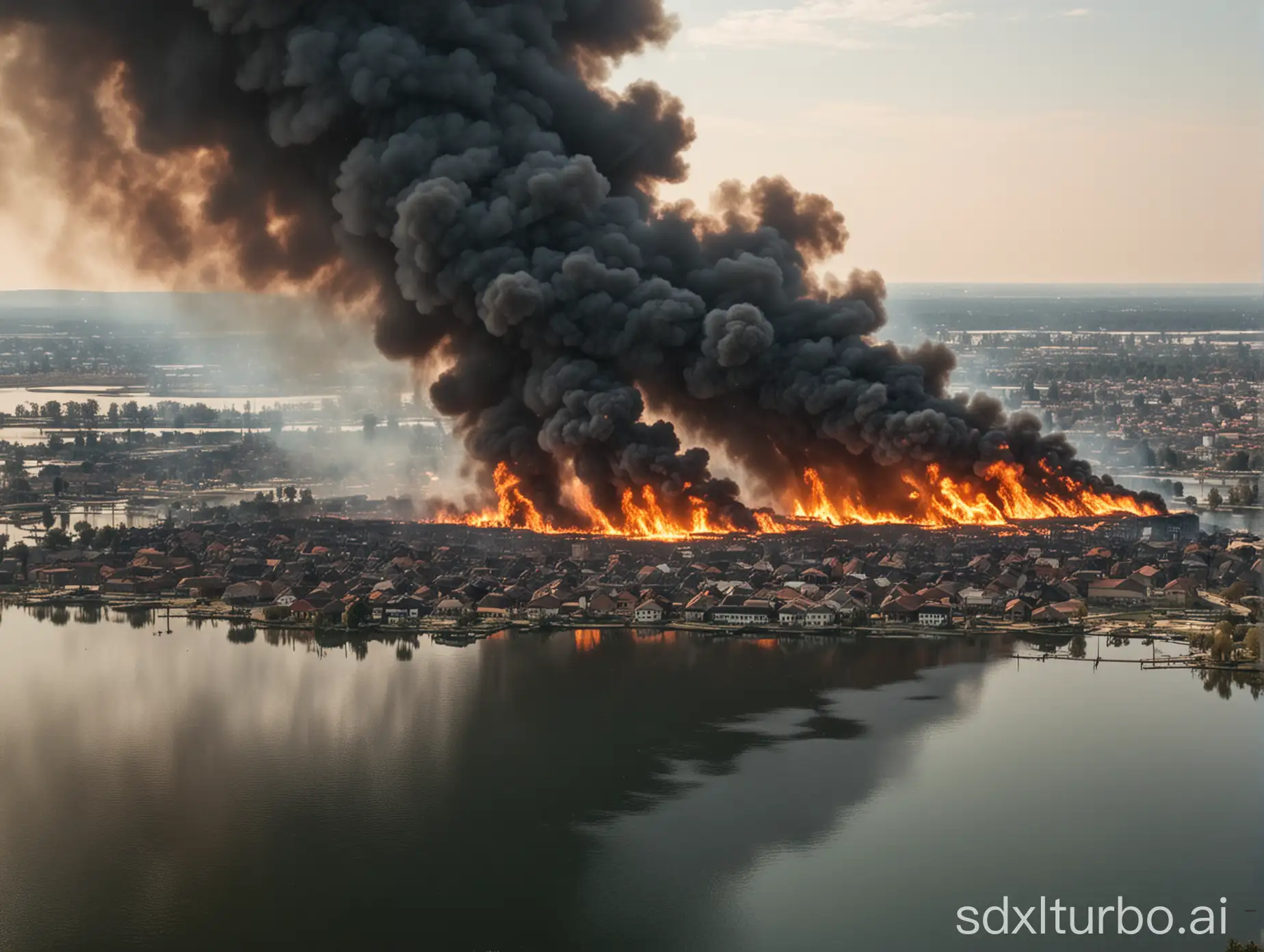 an entire city engulfed in flames from across a small lake during the day, black smoke, no people, close up of fire