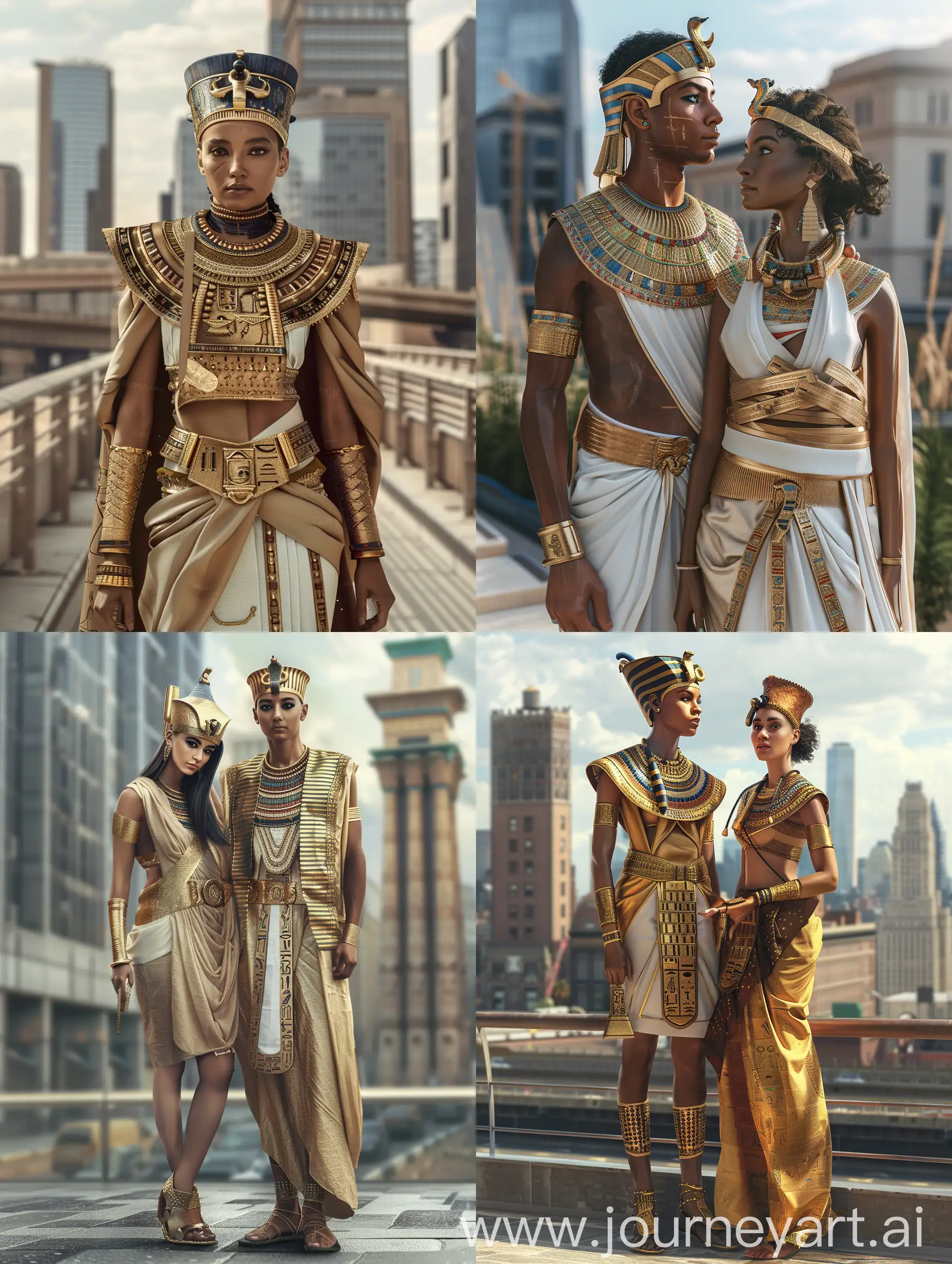 A realistic image seamlessly blending elements of ancient Egyptian royalty with contemporary fashion, featuring individuals adorned in opulent pharaonic attire against the backdrop of a modern urban setting. Employ a juxtaposition of warm desert hues and cool urban tones to convey the fusion of ancient mystique with modern sophistication, highlighting the intricate gold embellishments of the ancient garments alongside sleek, modern accessories