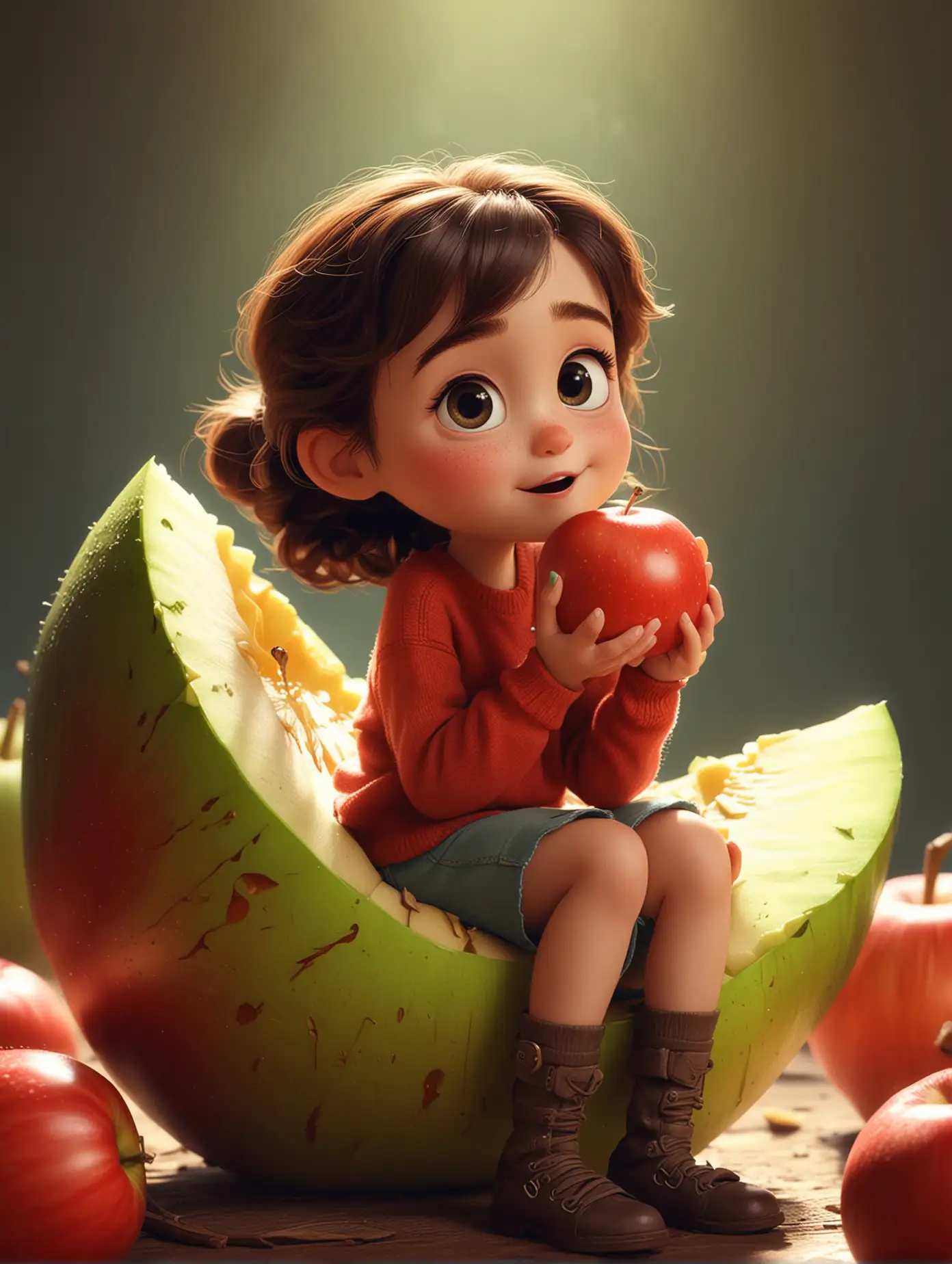 a cute pixar girl sitting on a giant apple slice eating an apple