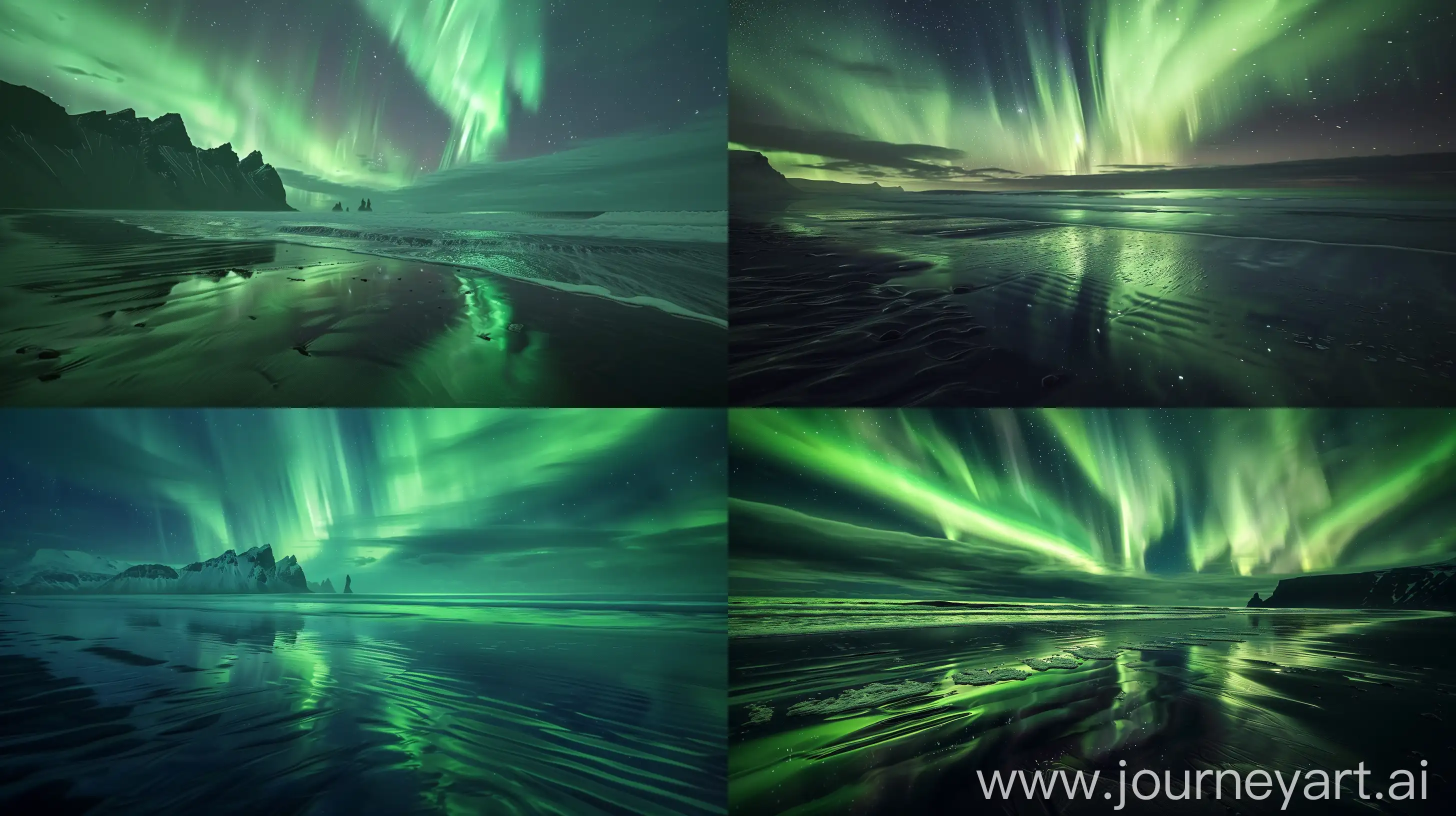 Capturing the Northern Lights during a guided night tour on a secluded Icelandic beach, with reflections of the aurora in the ocean waves. Photorealistic, 8K, natural lighting, HDR, high resolution, shot on IMAX Laser, intricate details. --v 6.0 --ar 16:9