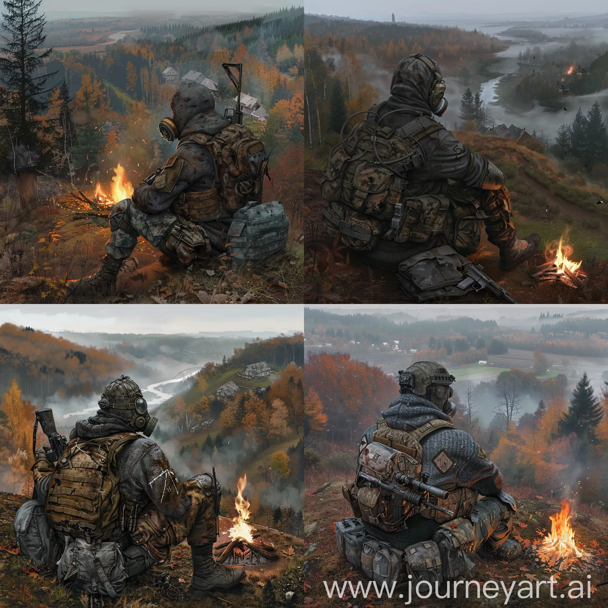 Stalker-with-Rifle-by-Campfire-in-Gloomy-Autumn-Forest