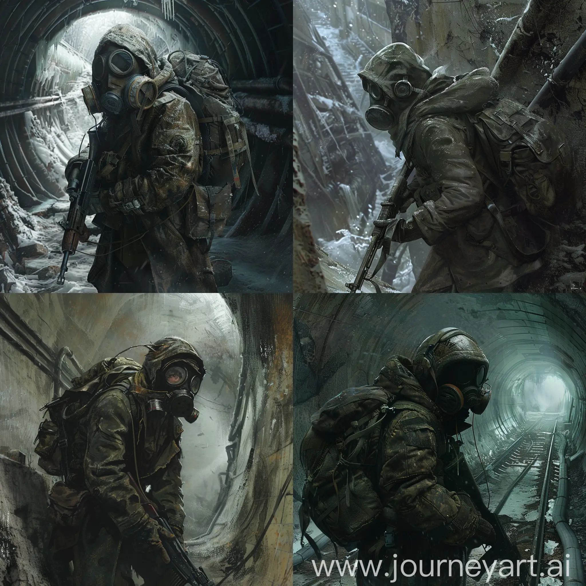 Art in the Metro 2033 universe, a stalker in a GP-5 gas mask, in a hat with earflaps, in an old and sometimes torn Soviet overcoat with Soviet light unloading, with a backpack on his back and a Kalashnikov assault rifle in his hand, climbs to the surface of the abandoned, destroyed and radioactive nuclear winter of Moscow, a stalker climbs half out of the sewer catacombs, and opening The lid of the sewer catacombs peeks out to the surface, a gloomy, abandoned post-apocalyptic atmosphere.