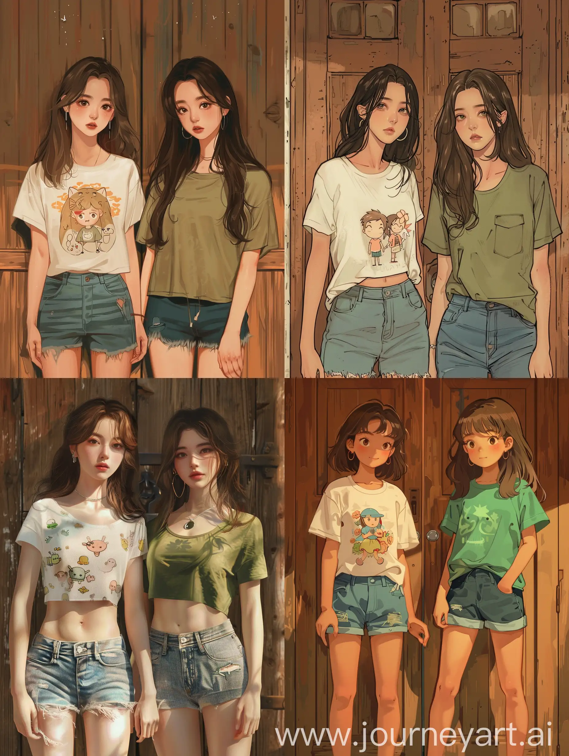 Korean-Girls-in-Casual-Fashion-Standing-by-Wooden-Door