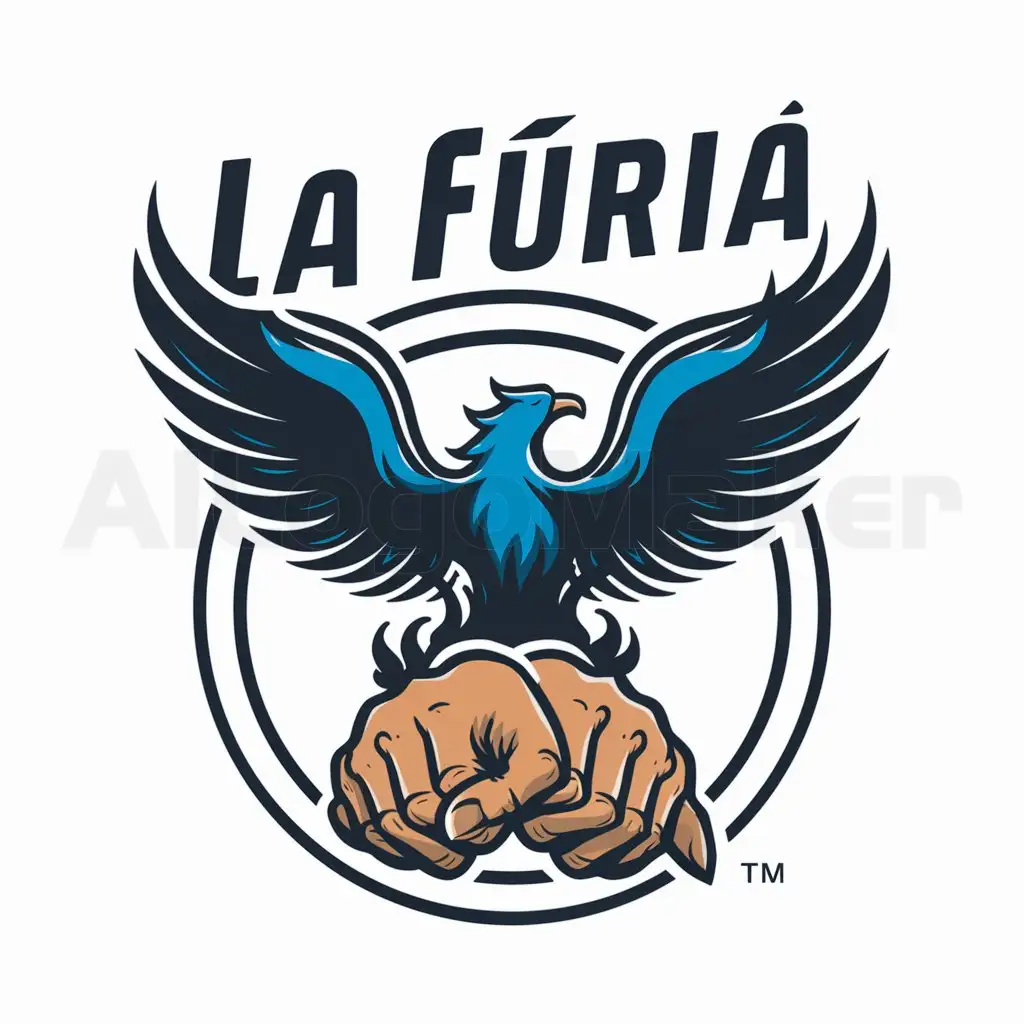 a logo design,with the text "La Furia", main symbol:A royal blue phoenix with interlocking hands below with a circle,Moderate,be used in others industry,clear background