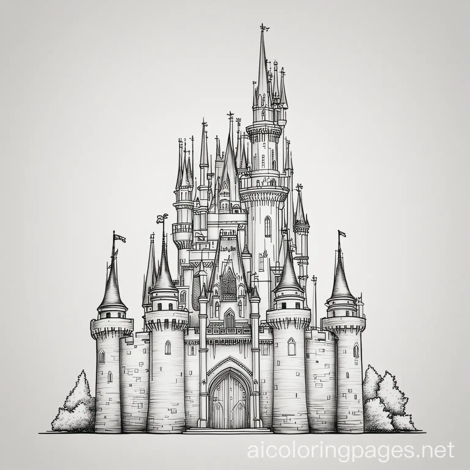simple cinderella castle, Coloring Page, black and white, line art, white background, Simplicity, Ample White Space. The background of the coloring page is plain white to make it easy for young children to color within the lines. The outlines of all the subjects are easy to distinguish, making it simple for kids to color without too much difficulty