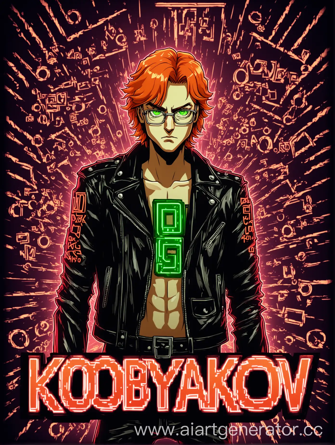 Мужчина лет 26,чёрная куртка,очки,оранжевые волосы,зелёные глаза,в минске,красное свечение,в стиле ДжоДжо,4к,2д,его имя Кобяков,электрические буквы.