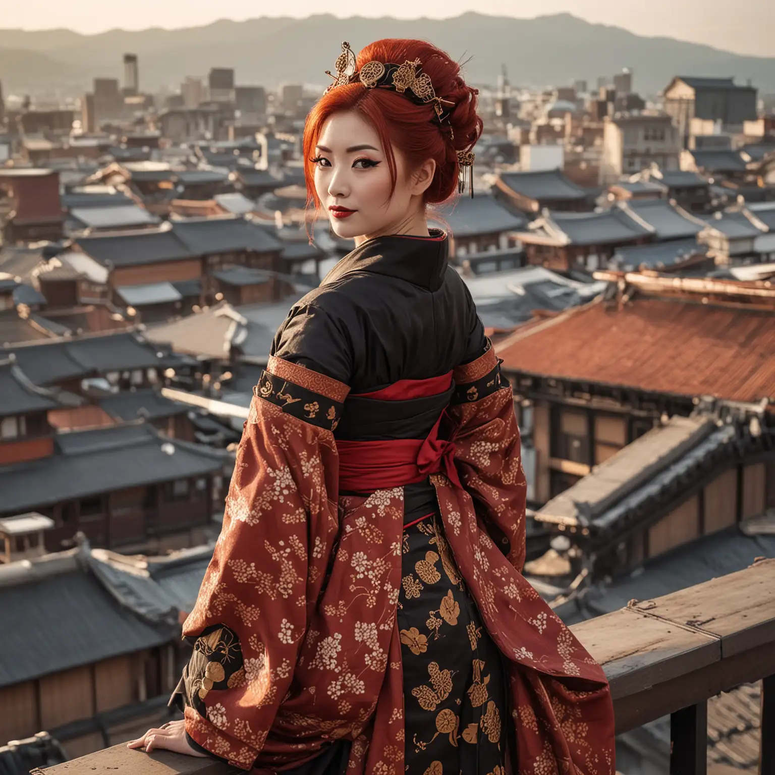 A petite, 40 year old eastern woman with red hair. She is dressed as a steampunk geisha.she is on a rooftop looking over steampunk Kyoto