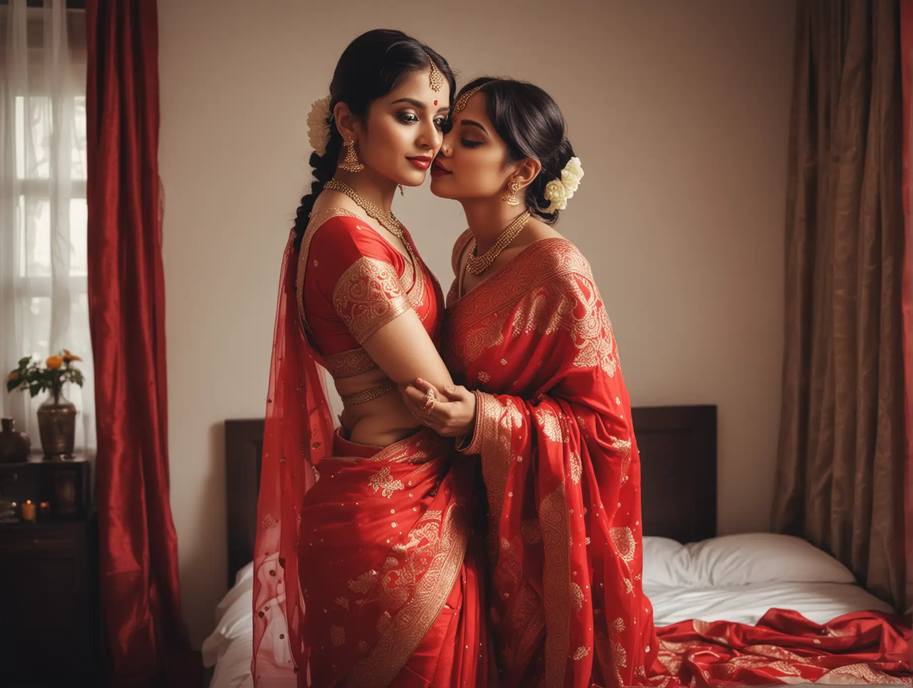 Two Indian hot girls,wearing red wedding saree, best makeup,on bedroom ,smooching on shoulder,high contrast, ultra realistic,portrait full length shot