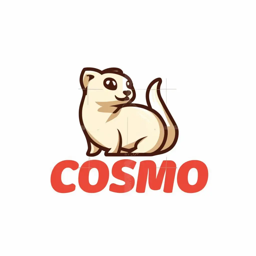 a logo design, with the text 'Cosmo', main symbol: white cartoon ferret with brown tail, cute, Moderate, be used in Animals Pets industry, clear background