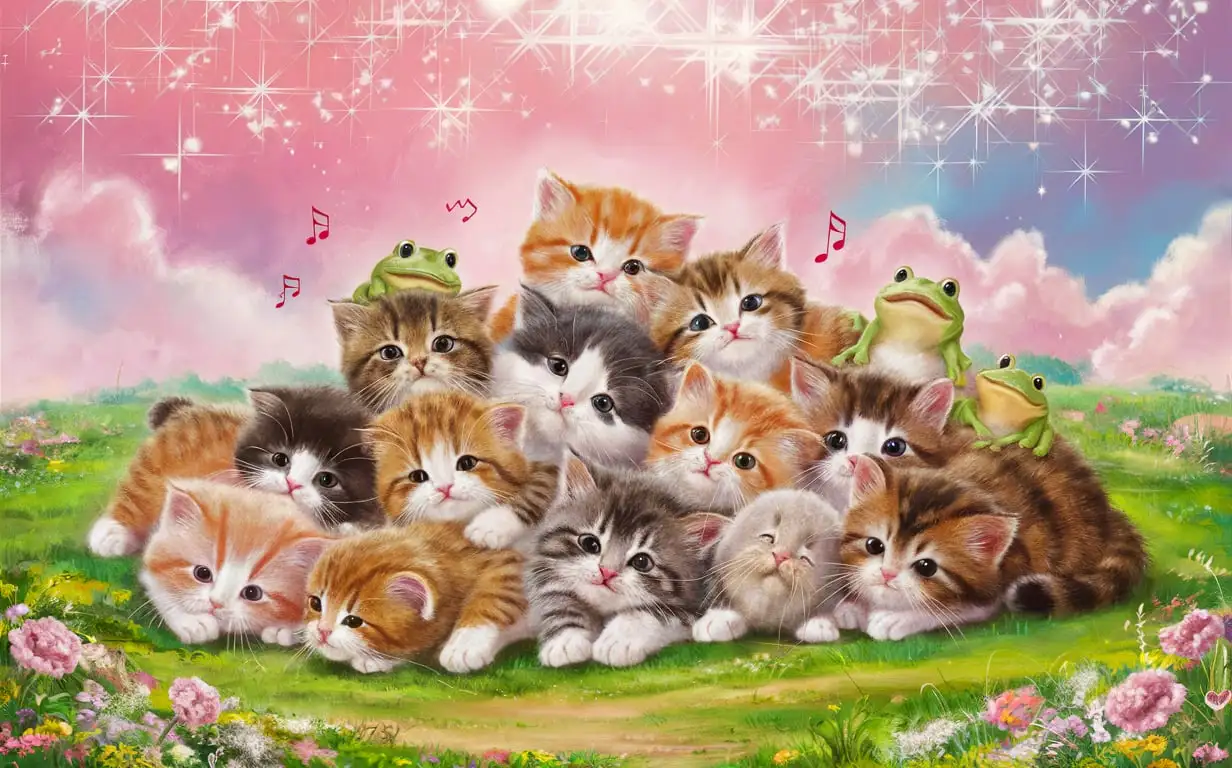 сделай обои с кучей котят которые лежат на полянке чтобы было розовое небо куча блестящих звёзд, милые жабки были вместе с этими котятами и пели им песни
