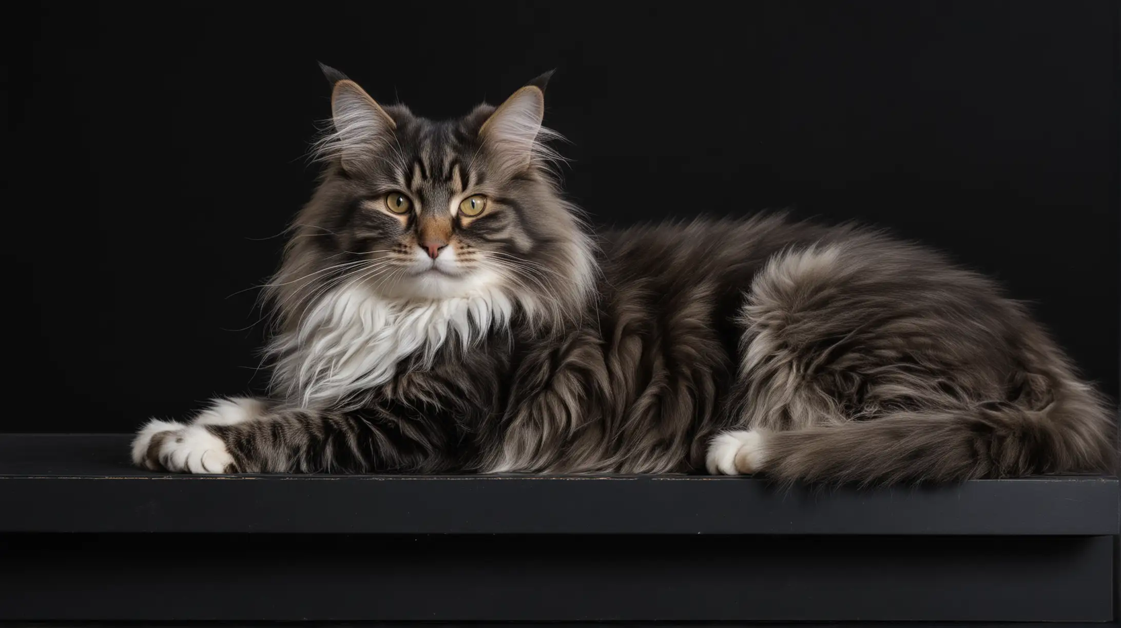 Show me an image of a gorgeous and mature Norwegian Forest Cat lying on a black shelf, looking at the camera with a black background
