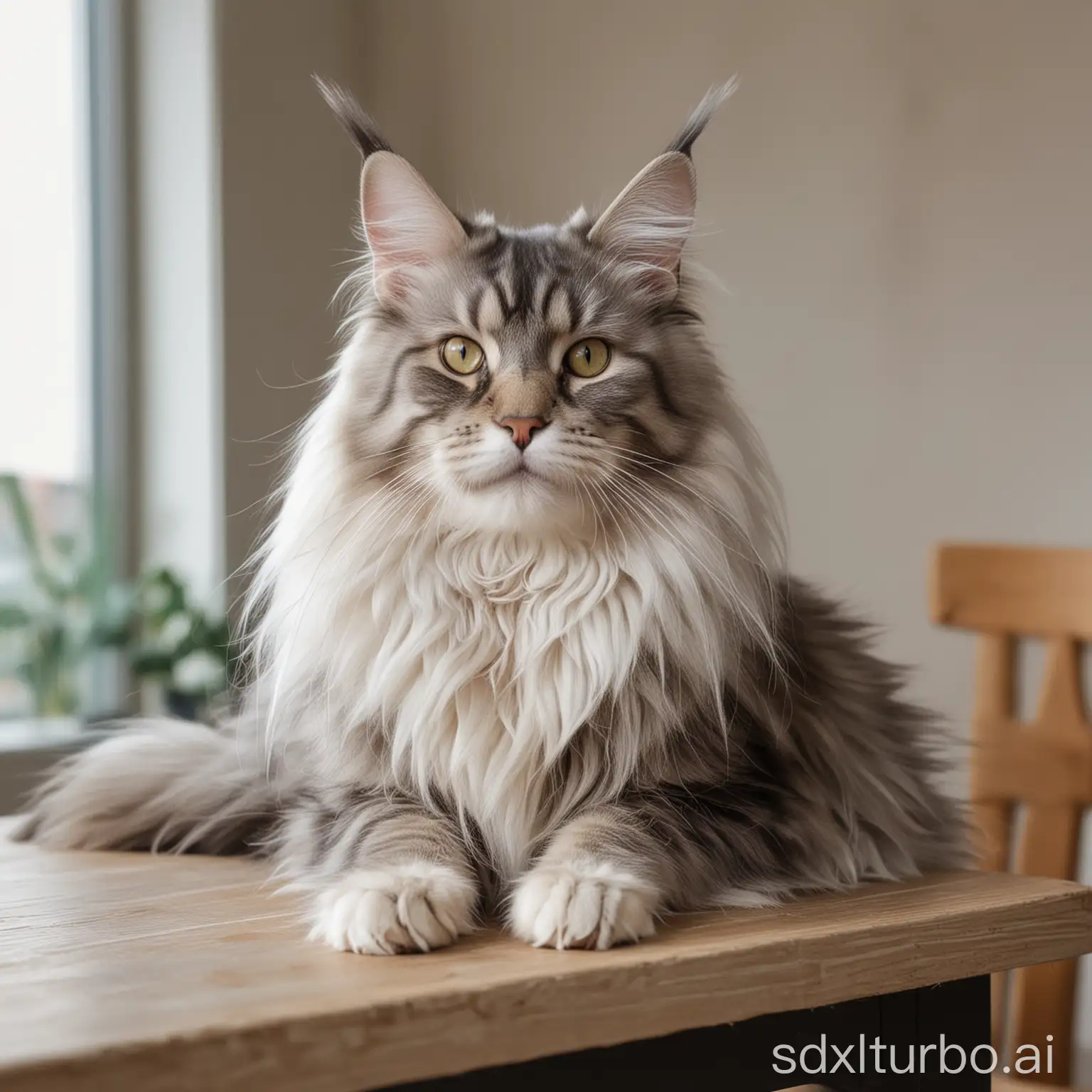 Maine Coon with white hairs sitting on a table