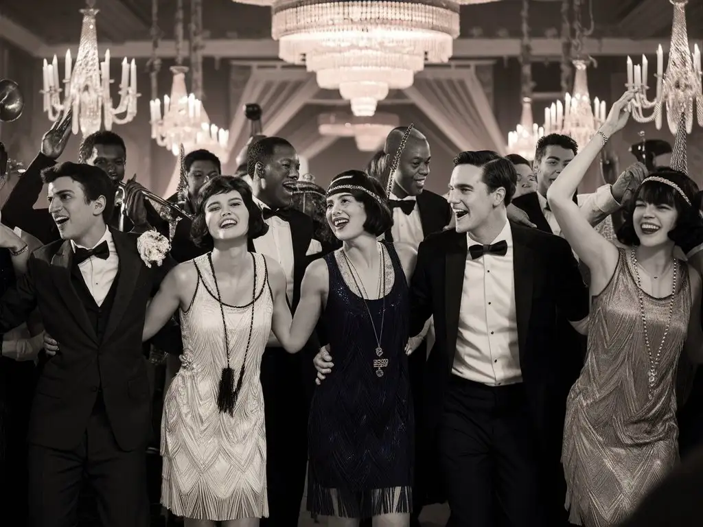Vibrant Roaring 20s Party with Flapper Girls and Jazz Music