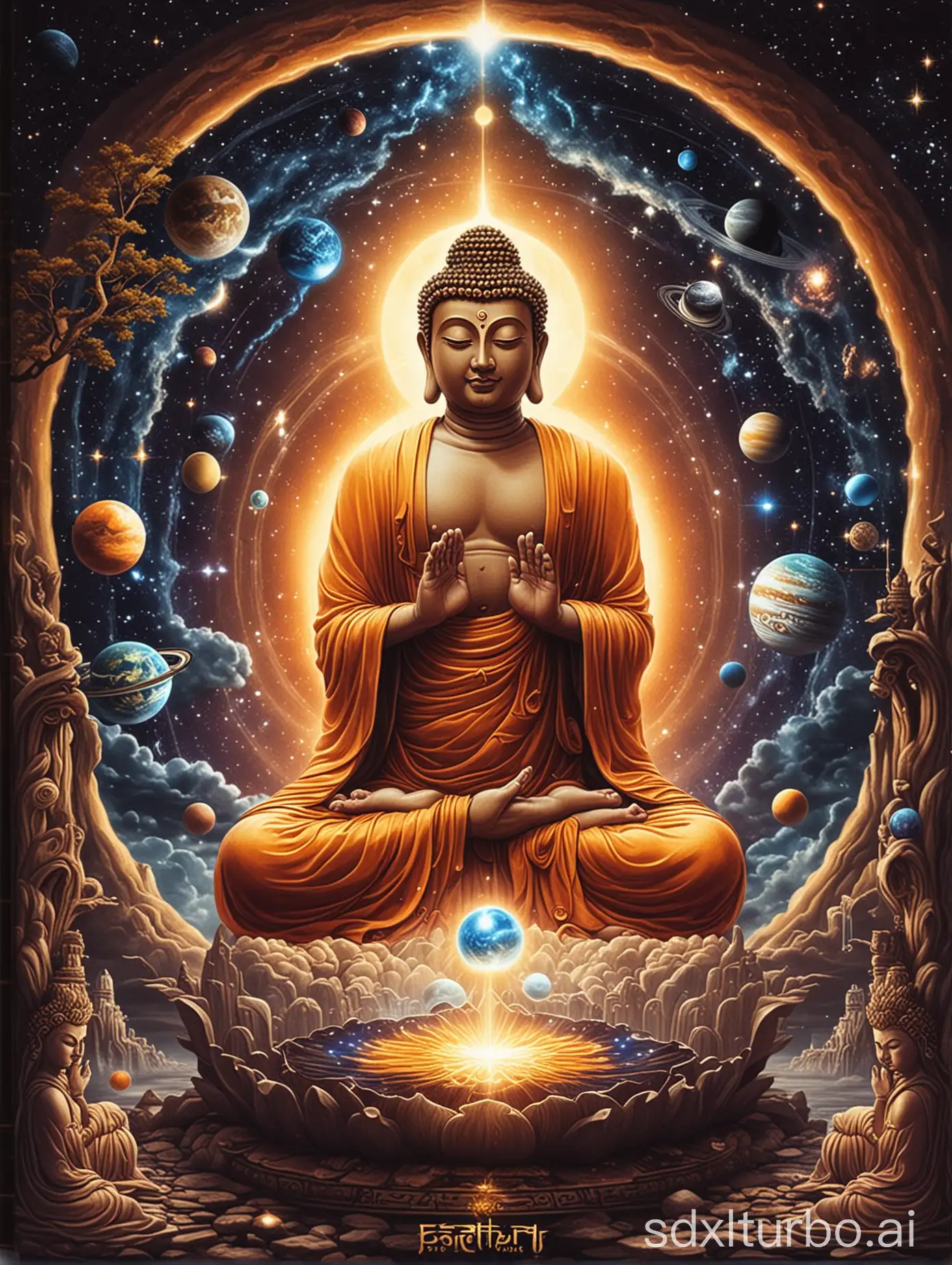can you createa cover page for my project related this - Rebirth, computer, purification, solar system, Buddha god