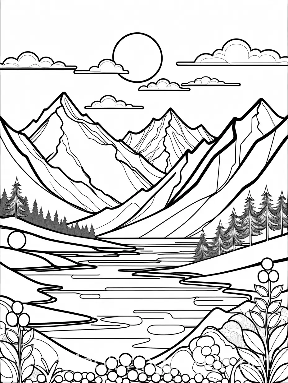 extremely simple, cartoon style, beautiful, sunset, with mountains in the background, easy to color, black and white, coloring page, Coloring Page, black and white, line art, white background, Simplicity, Ample White Space, The background of the coloring page is plain white to make it easy for young children to color within the lines. The outlines of all the subjects are easy to distinguish, making it simple for kids to color without too much difficulty