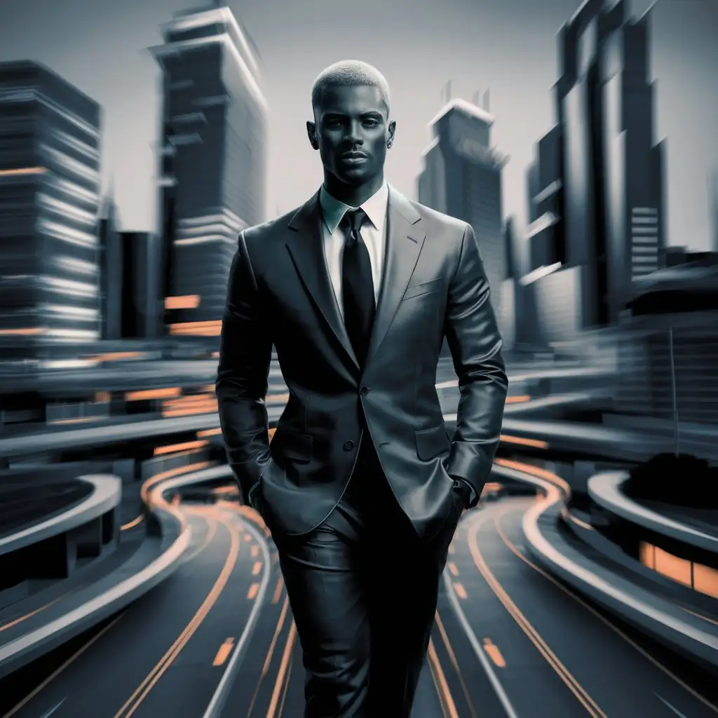 Businessman in Formal Attire with Urban Skyline in Blurred Background