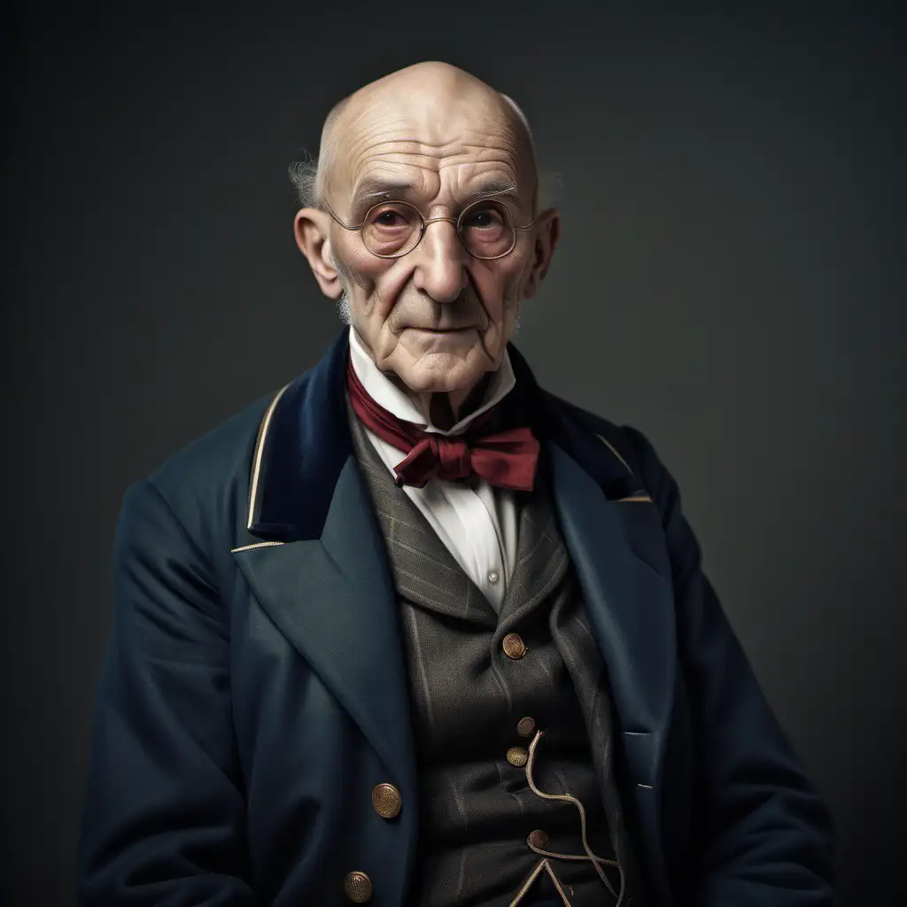 a portrait of a French grandpa with an old fashioned outfit, he has thin hair almost bald.