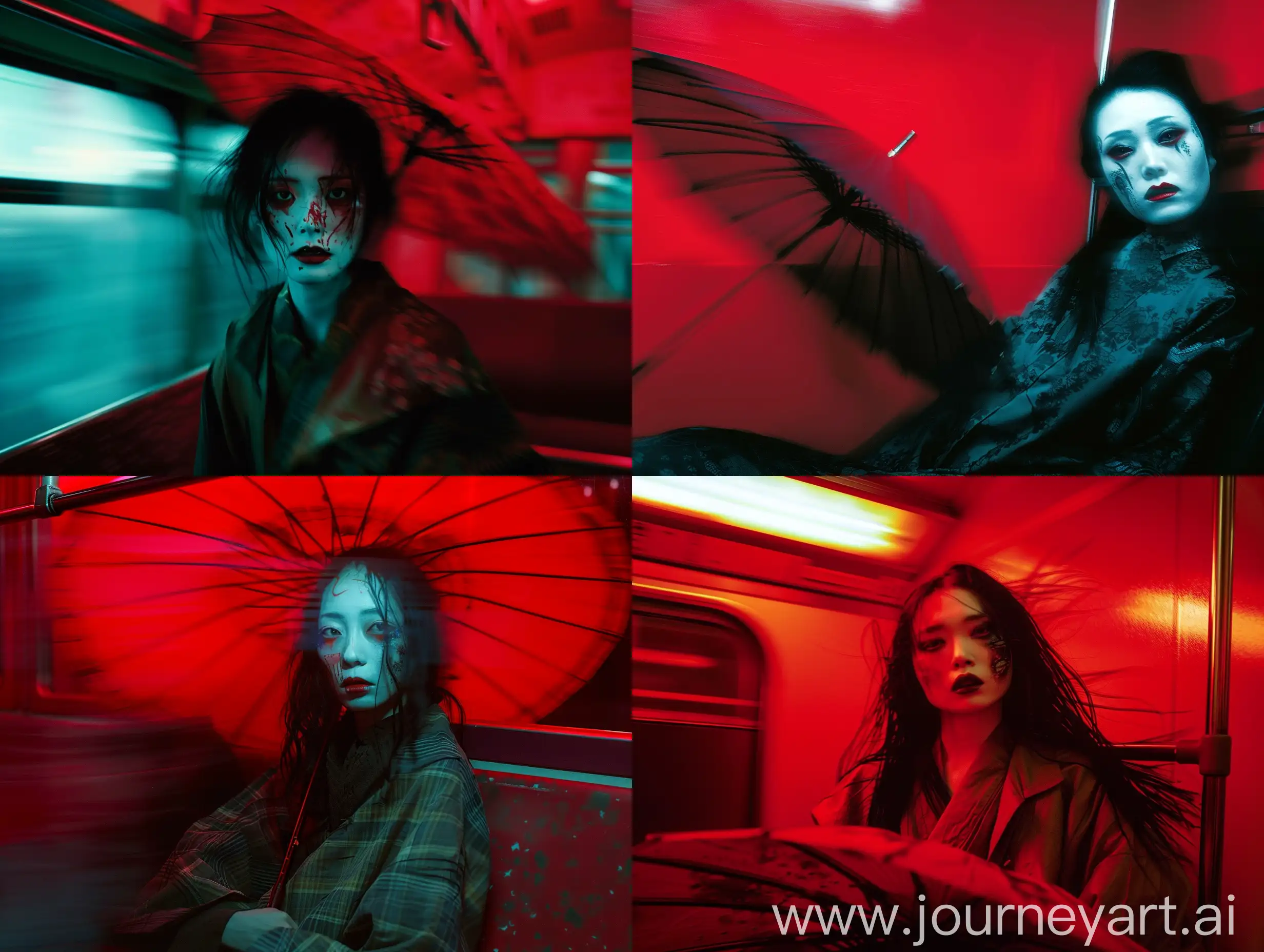Portrait photo, cinematic, realism, Depiction of a yokai ((( blurred japanese female models figures are depicted against a red background. wounded make up, The motion blur creates a ghostly, ethereal effect, with clothing details obscured. One figure in the foreground appears to be wearing a oversized horror high fashion blackout, The lighting and blur lend a mysterious, almost haunting quality to the scene, nocturnal fashion ))) Japanese 1970, Sitting in the subway car with an umbrella, late at night, empty and deep, wither, die, unsettling, horror movie
