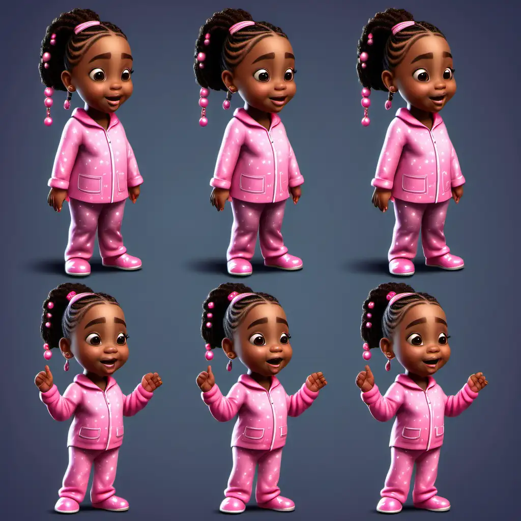 cartoon african american 9 year old little girl with braids wearing pink pajamas and beads walking and sitting in different positions with different expressions 