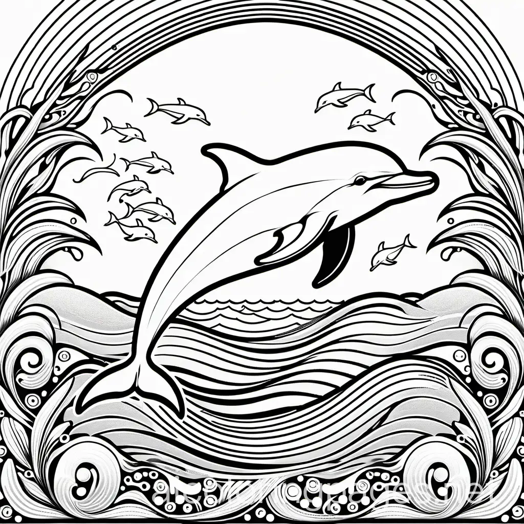 Dolphin in the ocean,  style of coloring book, vector lines, black and white, detailed line work, fill frame, edge to edge, clip art white background, no shading. , Coloring Page, black and white, line art, white background, Simplicity, Ample White Space. The background of the coloring page is plain white to make it easy for young children to color within the lines. The outlines of all the subjects are easy to distinguish, making it simple for kids to color without too much difficulty