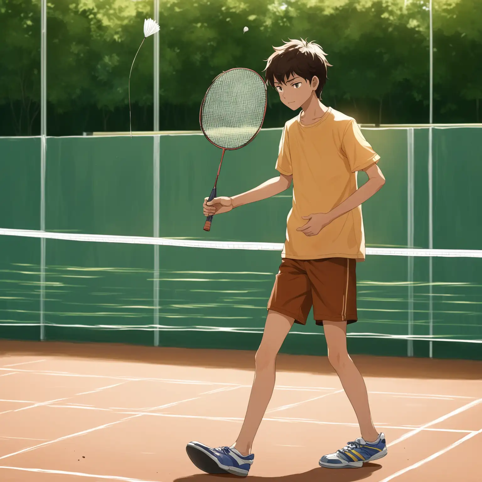 Suntanned-Adolescent-Boy-with-Badminton-Racket-on-Outdoor-Clay-Court