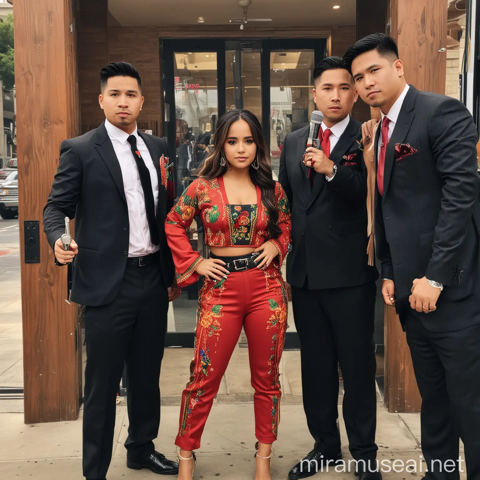 Becky G wearing a Mexican colors outfit, with a microphone in one hand.
Behind her, two strong Chinese men  wearing black executive suits, and holding guns in their hands.
All of them at a clothing store door. 