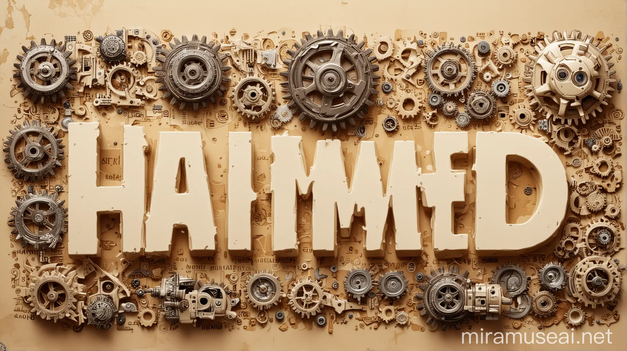 Mechanical Gears and Robot Figures on Cream Background with HAMED Sign