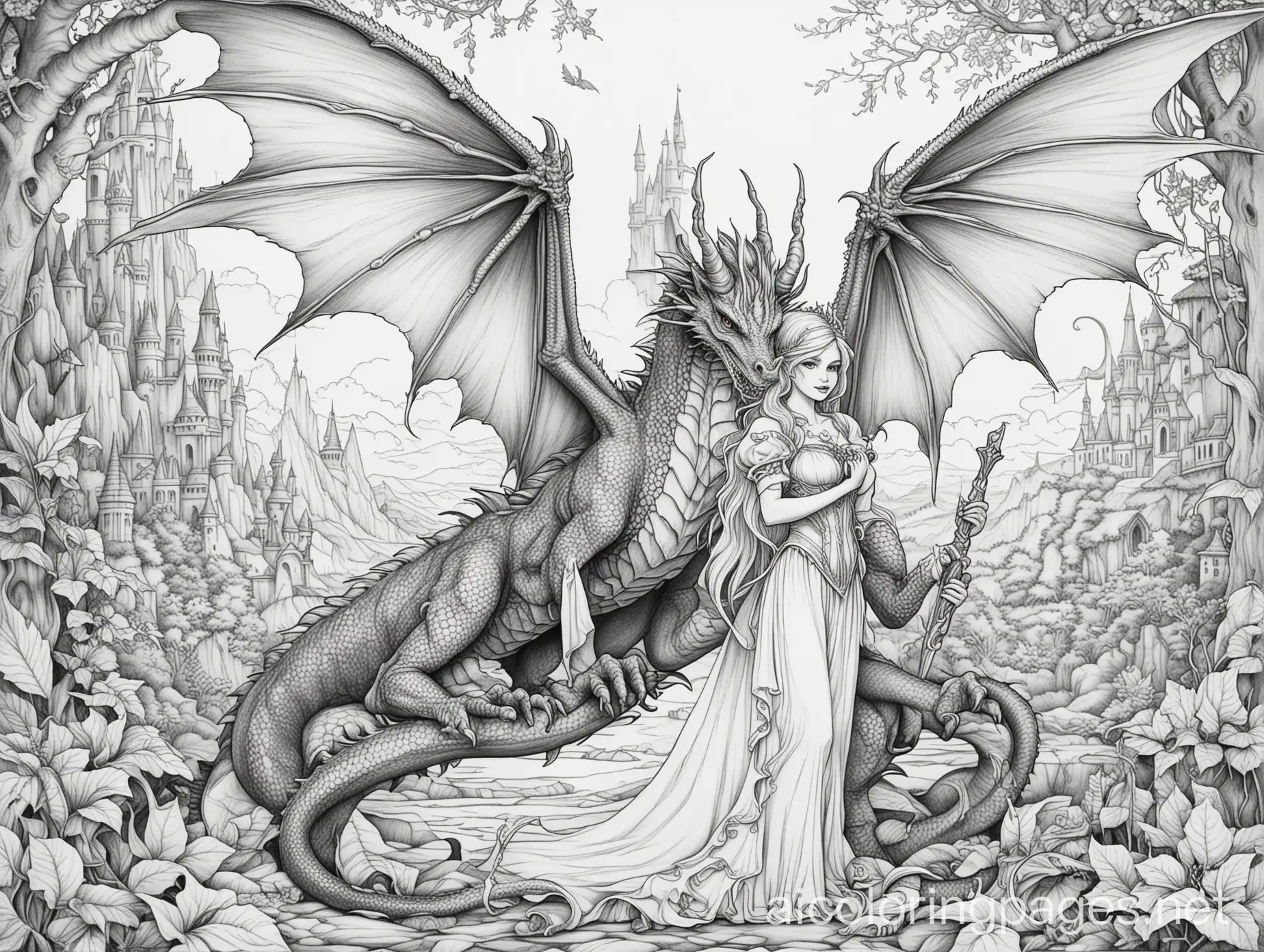 wicked  fairy and dragon scene adult  coloring pages, Coloring Page, black and white, line art, white background, Simplicity, Ample White Space. The background of the coloring page is plain white to make it easy for young children to color within the lines. The outlines of all the subjects are easy to distinguish, making it simple for kids to color without too much difficulty
