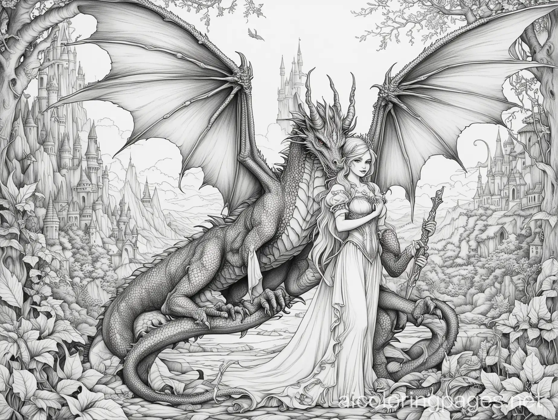 wicked  fairy and dragon scene adult  coloring pages





, Coloring Page, black and white, line art, white background, Simplicity, Ample White Space. The background of the coloring page is plain white to make it easy for young children to color within the lines. The outlines of all the subjects are easy to distinguish, making it simple for kids to color without too much difficulty