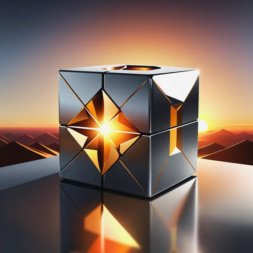 draw me a logo for an exotic metals company that shows a shiny metallic cube with sharp edges and a bright sunrise in the background.