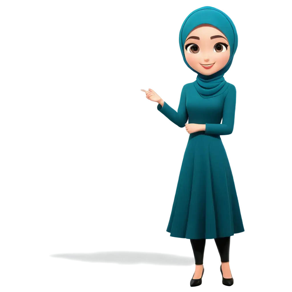 Stylish-Women-in-Hijab-Cartoon-PNG-Blue-Dress-Asian-Character-Illustration