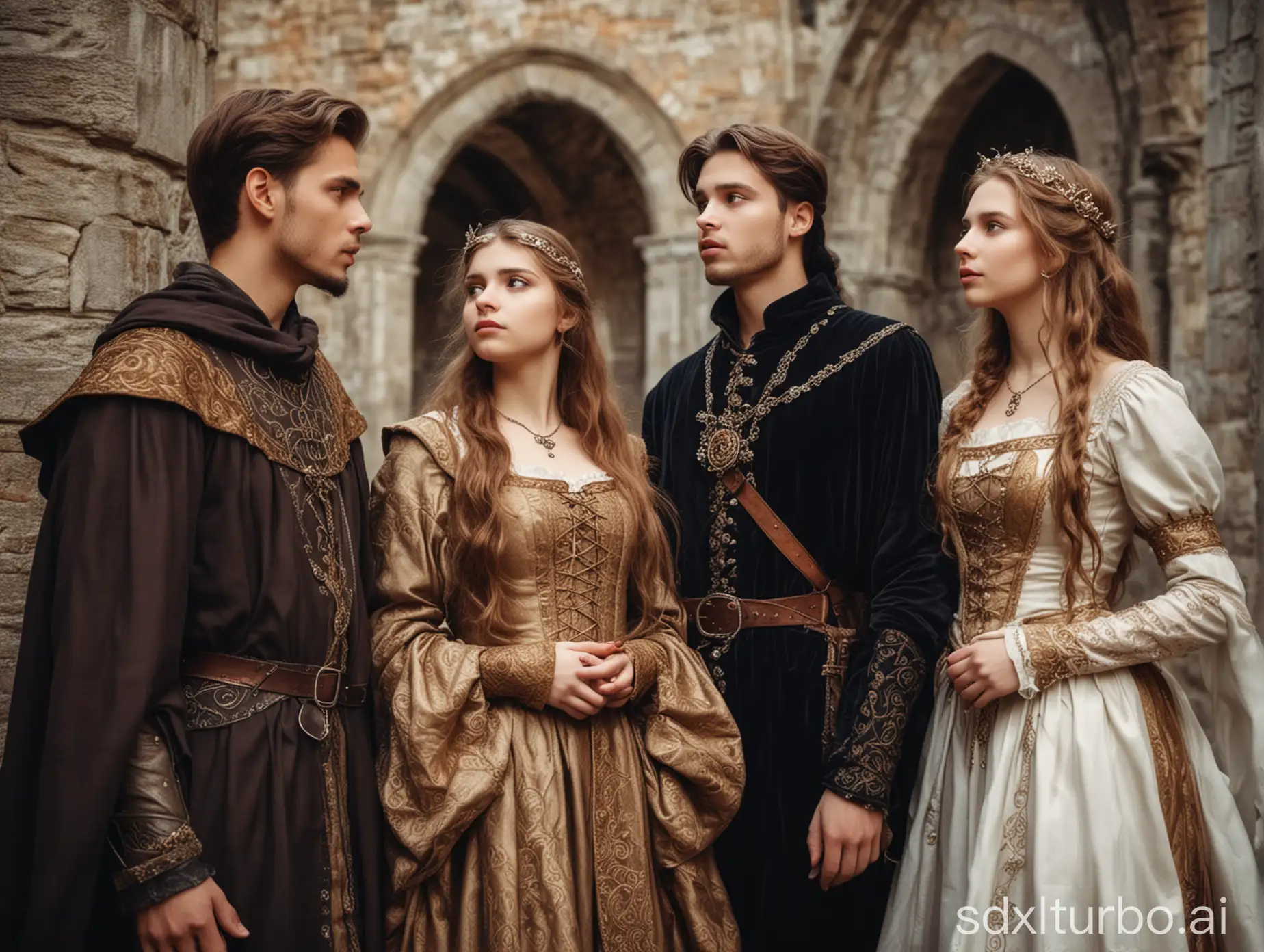 Two girls and a gue look somewhere with amazed. All dressed in rich medieval fantasy style, 