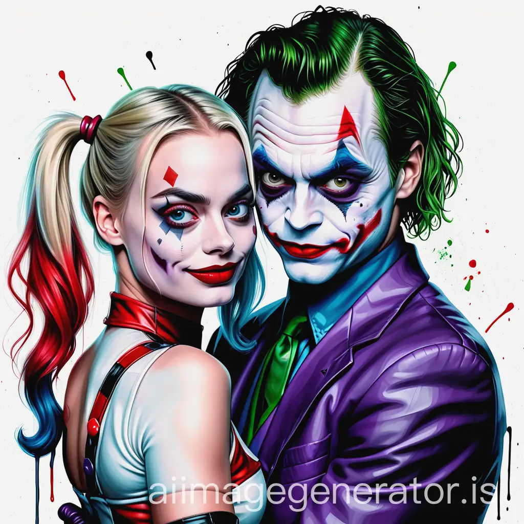 Portrait of Margot Robbie as Harley Quinn and Joachim Phoenix as Joker acrylic paint style white background