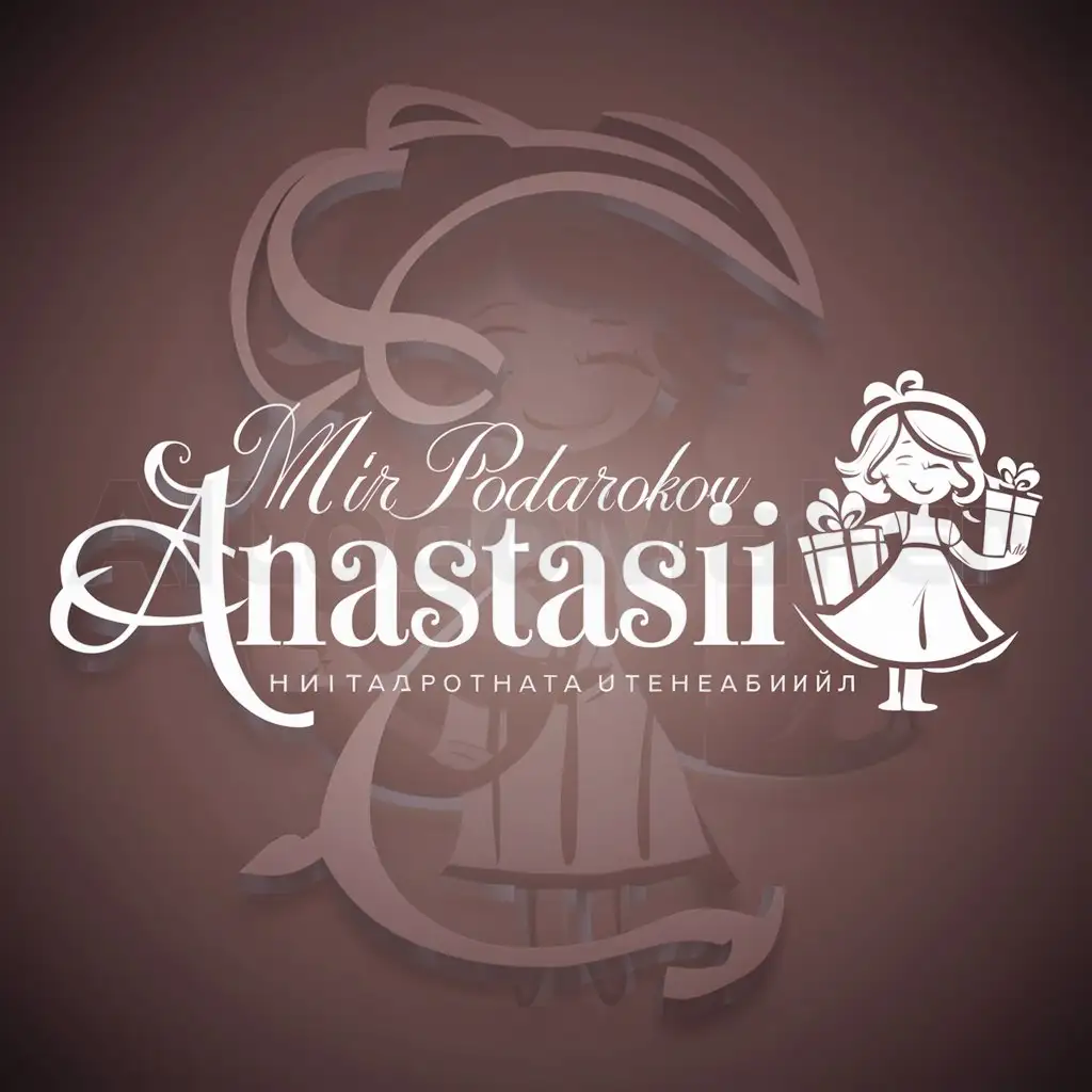 a logo design,with the text "Mir podarokov Anastasii", main symbol:Devushka s podarkami,Moderate,be used in Entertainment industry,clear background