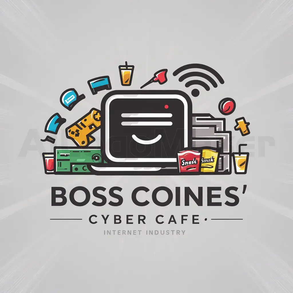 a logo design,with the text 'Boss CoiNes' Cyber Cafe', main symbol:Computer, game console, wifi, internet, printer, snacks and drinks,Moderate,be used in Internet industry,clear background