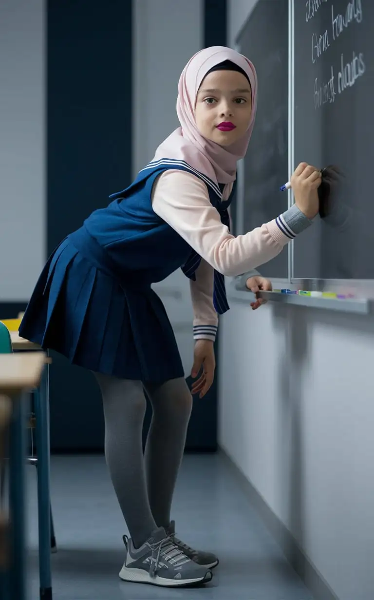 A girl, 14 years old, hijab, tight blouse, navy blue
school skirt, gray opaque tights, sport shoes
in classroom. beautiful. bending to board, Pink plump lips