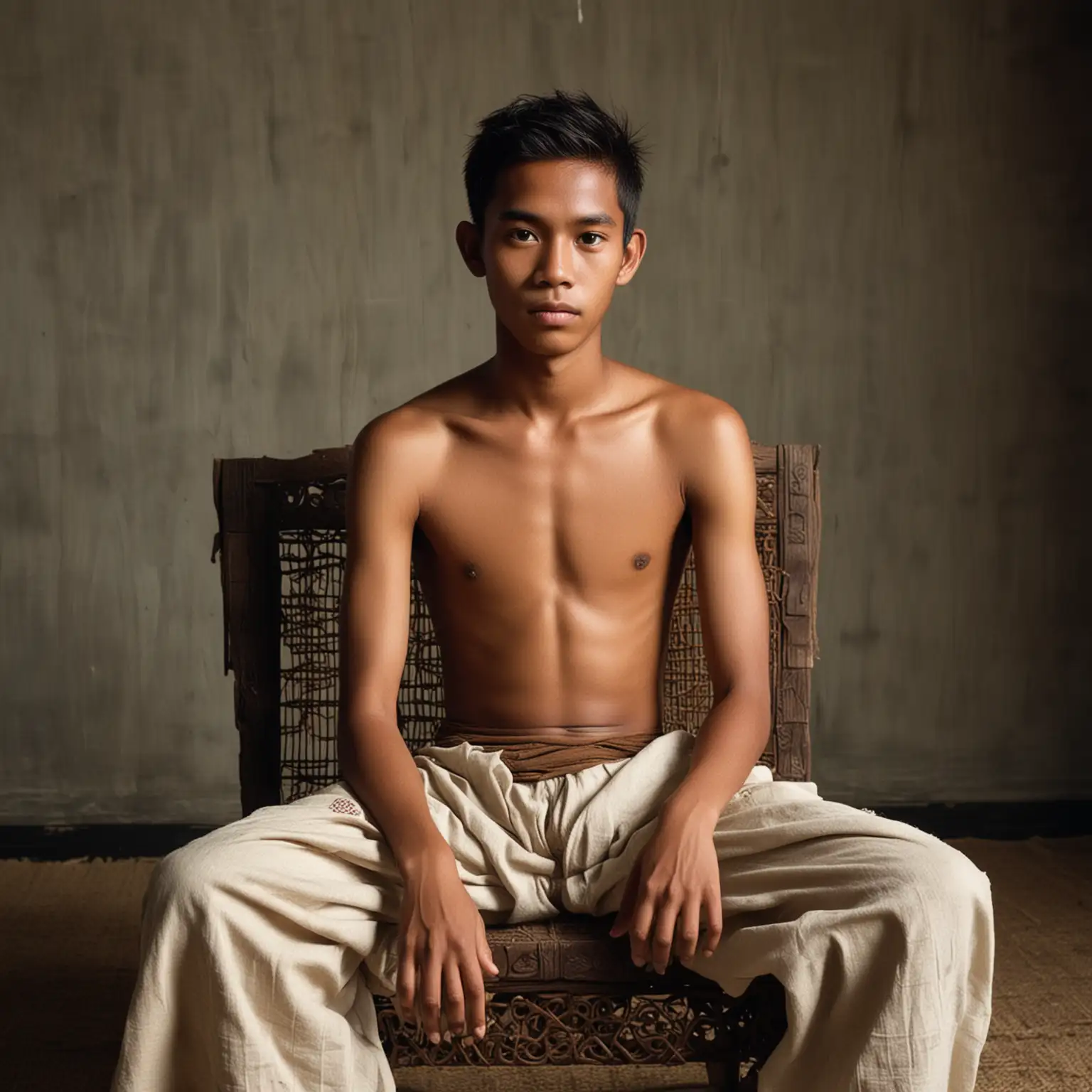 16 year old Indonesian man bare chested, wearing a long cloth, dark skin, sitting cross-legged on a traditional royal chair